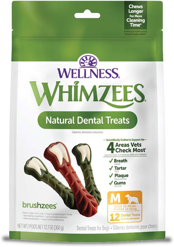 Whimzees By Wellness Brushing Dental Chews For Dogs, Grain-Free, Long Lasting Treats, Freshens Breath Medium Breed, 12 Count