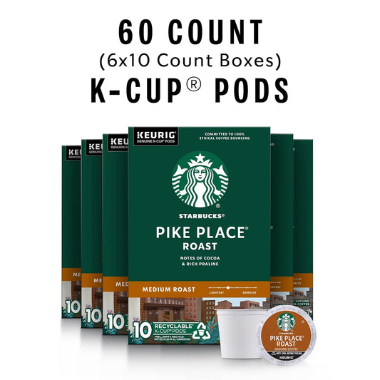 Starbucks K-Cup Coffee Pods, Medium Roast Coffee, Pike Place Roast for Keurig Brewers, 100% Arabica, 6 boxes (60 pods total)