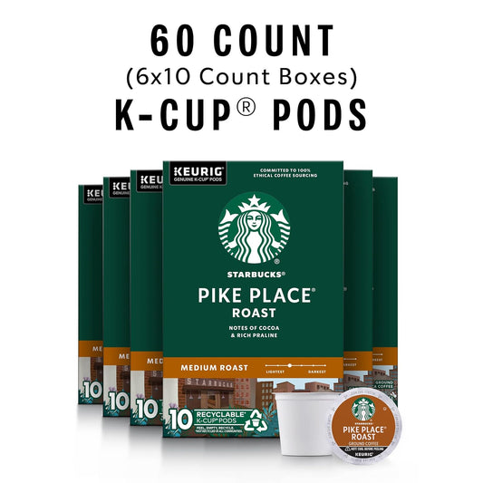 Starbucks K-Cup Coffee Pods, Medium Roast Coffee, Pike Place Roast For Keurig Brewers, 100% Arabica, 6 Boxes (60 Pods Total)