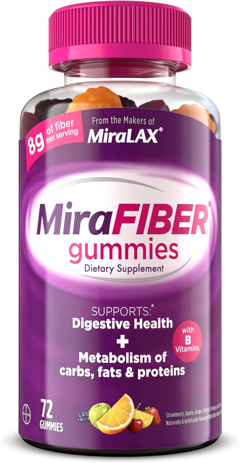 MiraLAX: MiraFIBER Gummies, 8g of Daily Prebiotic Fiber with B Vitamins to Support Digestive Health and Metabolism, Fruit Flavored Fiber Gummies, 72 Count