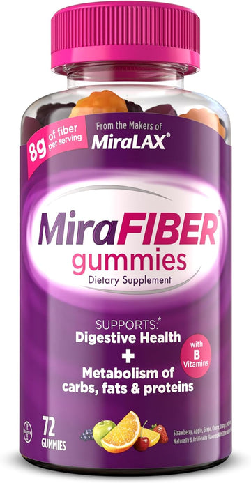 MiraLAX: MiraFIBER Gummies, 8g of Daily Prebiotic Fiber with B Vitamins to Support Digestive Health and Metabolism, Fruit Flavored Fiber Gummies, 72 Count