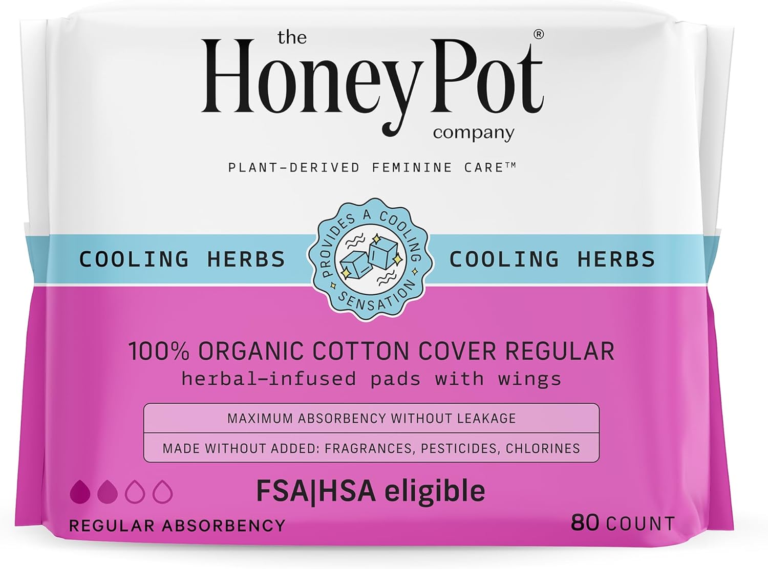 The Honey Pot Company - 80Ct - Herbal Pads For Women - Regular Flow W/Wings - Infused W/Essential Oils For Cooling Effect & Organic Cotton Cover - Sanitary Pads For Women - Feminine Care - Fsa & Hsa