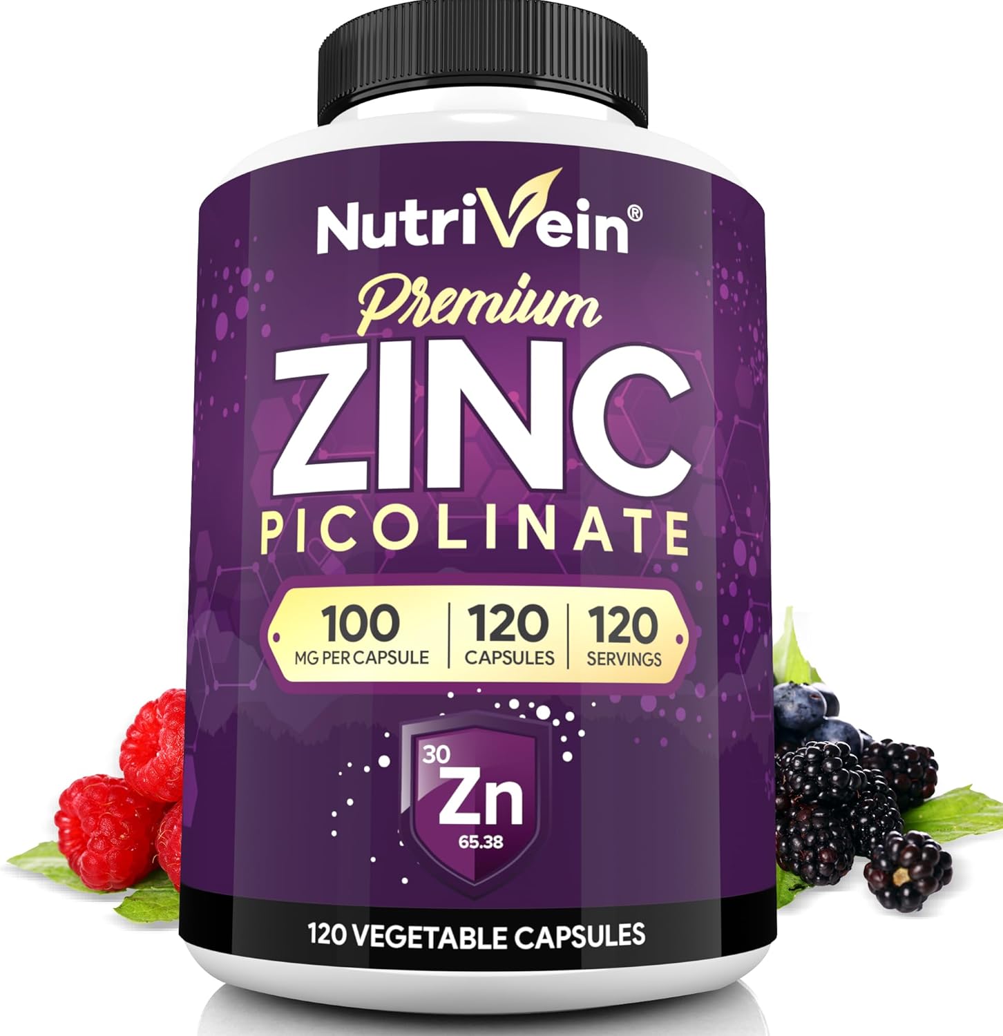 Nutrivein Premium Zinc Picolinate 100Mg - 120 Capsules - Immunity Defense Boosts Immune System & Cellular Regeneration - Maximum Strength Bioavailable Supplement - Essential Elements For Absorption