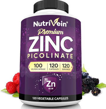 Nutrivein Premium Zinc Picolinate 100Mg - 120 Capsules - Immunity Defense Boosts Immune System & Cellular Regeneration - Maximum Strength Bioavailable Supplement - Essential Elements For Absorption