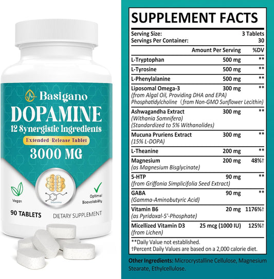 Basigano Natural Dopamine Supplement for Energy, Focus, Motivation, Mental Alertness, Mood, and Stress - Non-GMO, Gluten-Free - 90 Tablets