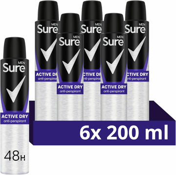Sure Men Active Dry Anti-Perspirant Aerosol Deodorant For Men For 48-Hour Sweat And Odour Protection 6X 200 Ml