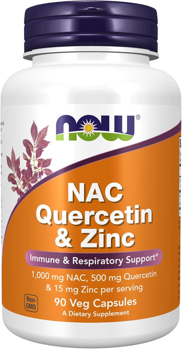 NOW Supplements, NAC Quercetin and Zinc, Immune and Respiratory Support*, 1,000 mg NAC, 500 mg Quercetin, 15 mg Zinc, 90 Veg Capsules