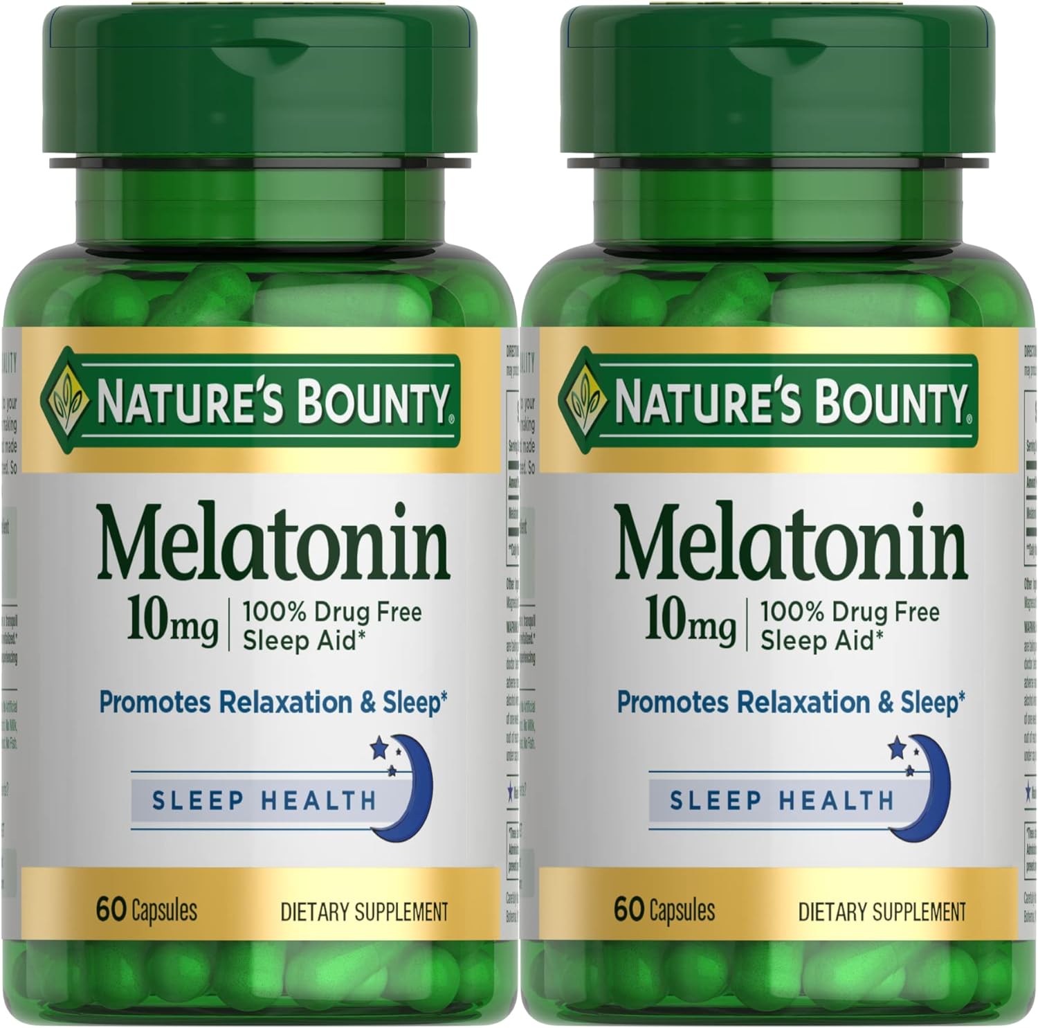 Nature'S Bounty Melatonin, 100% Drug Free Sleep Aid, Dietary Supplement, Promotes Relaxation And Sleep Health, 10Mg, 60 Count(Pack Of 2)