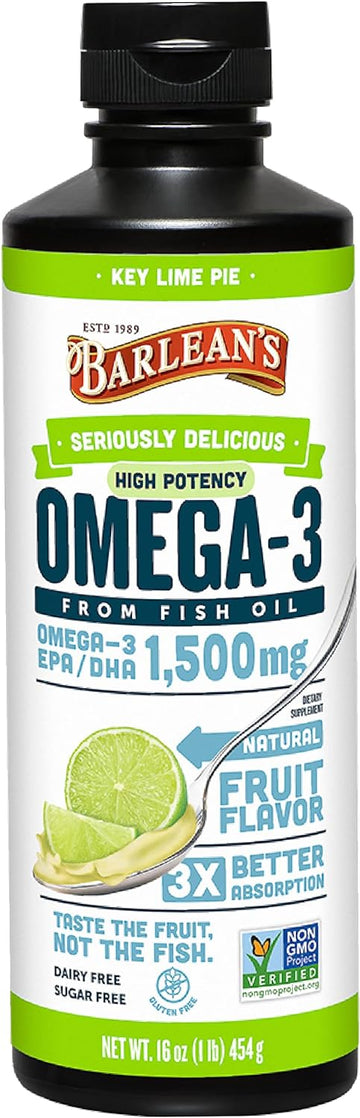 Barlean's Key Lime Pie High Potency Omega 3 Fish Oil Liquid Supplement, 1500mg of EPA & DHA Fatty Acid, Smoothie Flavored & Burpless for Brain, Joint, & Heart Health, 16 oz