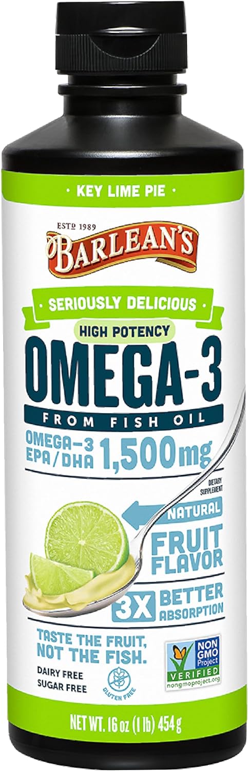 Barlean's Key Lime Pie High Potency Omega 3 Fish Oil Liq Supplement, 1500mg of EPA & DHA Fatty Acid, Smoothie avored & Burpless for Brain, Joint, & Heart Health, 1
