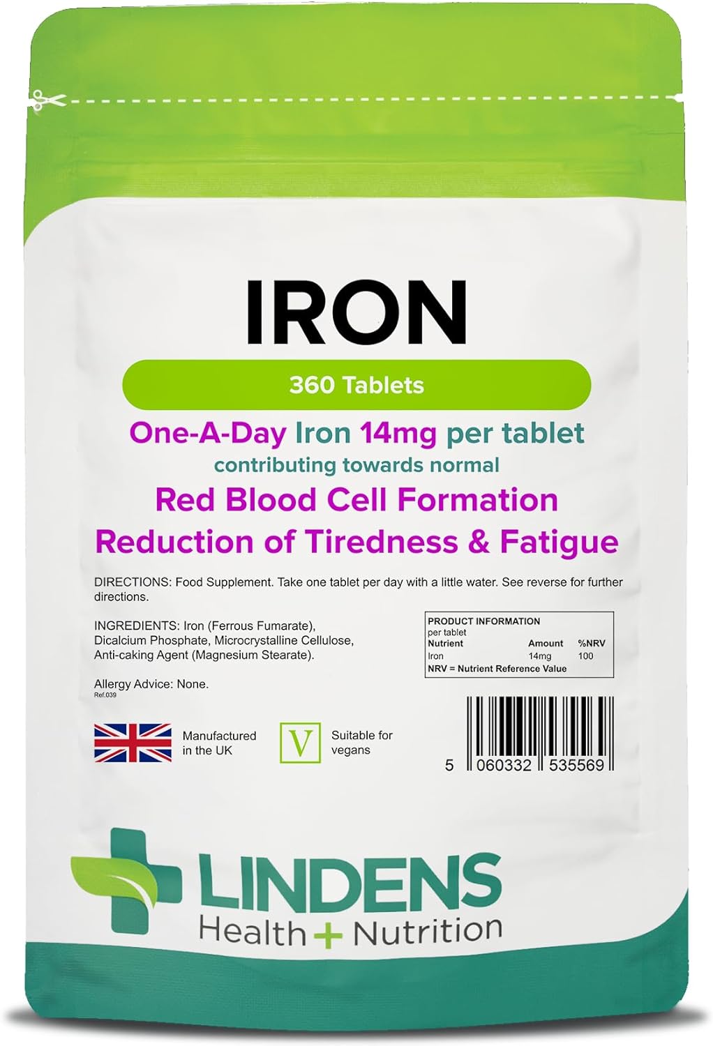 Lindens Iron 14mg Tablets - 360 Vegan Tablets - Reduce Tiredness, Increase Energy | Creates Healthy Red Blood Cells, Normal Oxygen Transportation | Made in The UK | (12 Months Supply)