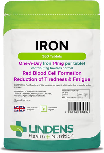 Lindens Iron 14mg Tablets - 360 Vegan Tablets - Reduce Tiredness, Increase Energy | Creates Healthy Red Blood Cells, Normal Oxygen Transportation | Made in The UK | (12 Months Supply)