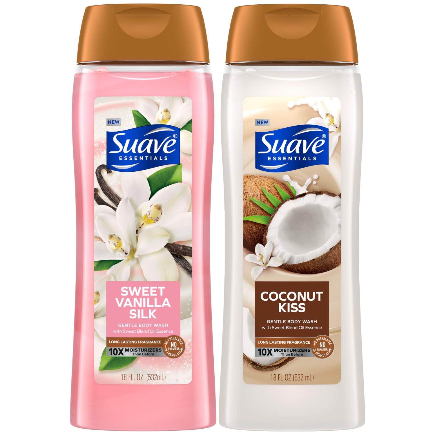 Suave Body Wash Variety 2-Pack, Sweet Vanilla Silk + Coconut Kiss – Gentle Body Washes With Sweet Blend Oil Essence, 18 Oz Ea