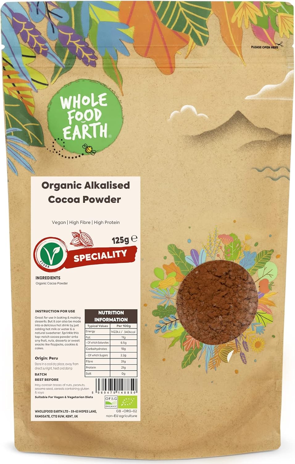 Wholefood Earth Organic Alkalised Cocoa Powder 250G Vegan | High Fibre | High Protein | Certified Organic