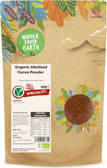 Wholefood Earth Organic Alkalised Cocoa Powder 250G Vegan | High Fibre | High Protein | Certified Organic