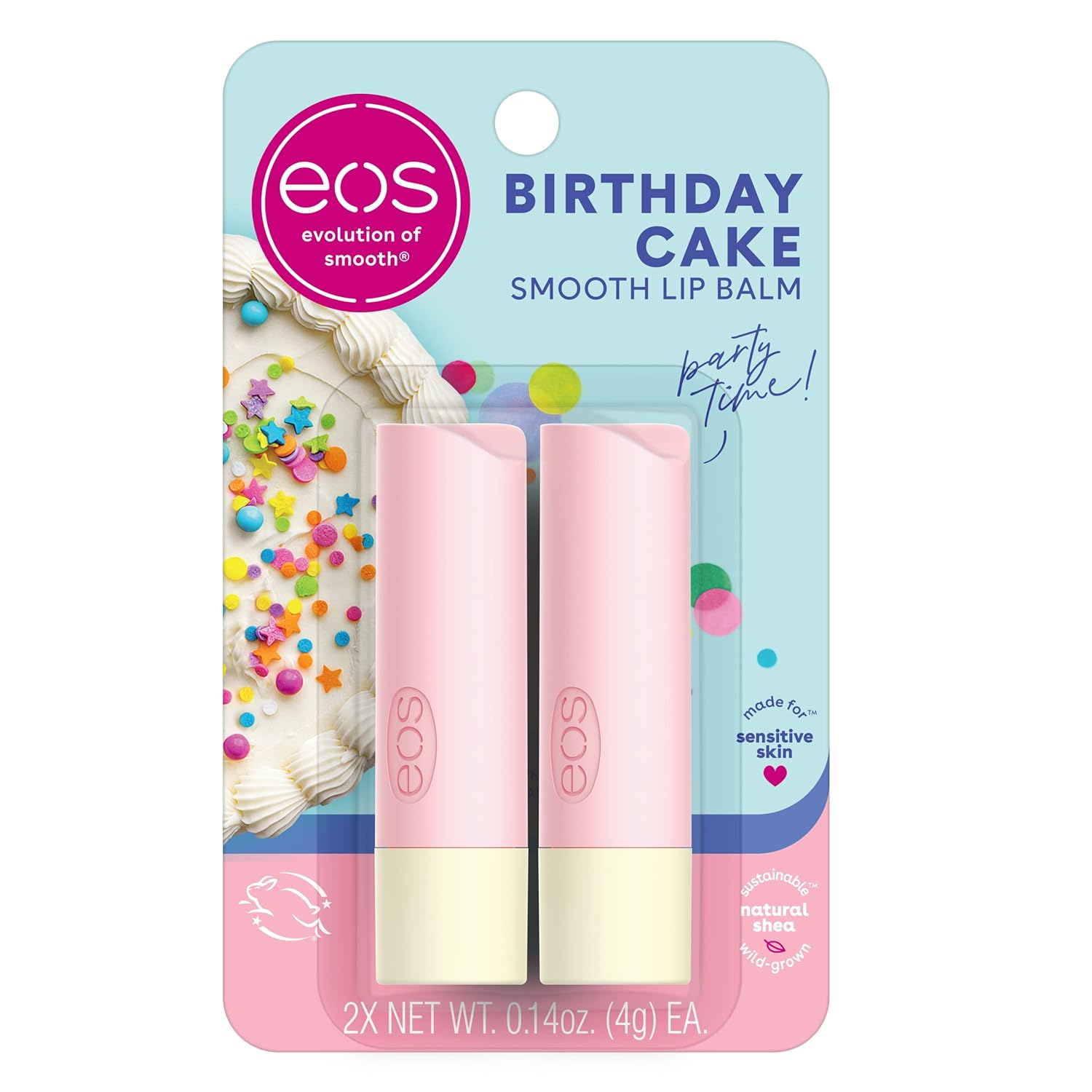 Eos Natural Shea Lip Balm- Birthday Cake, Dermatologist Recommended For Sensitive Skin, All-Day Moisture Lip Care Products, 0.14 Ounce (Pack Of 2)