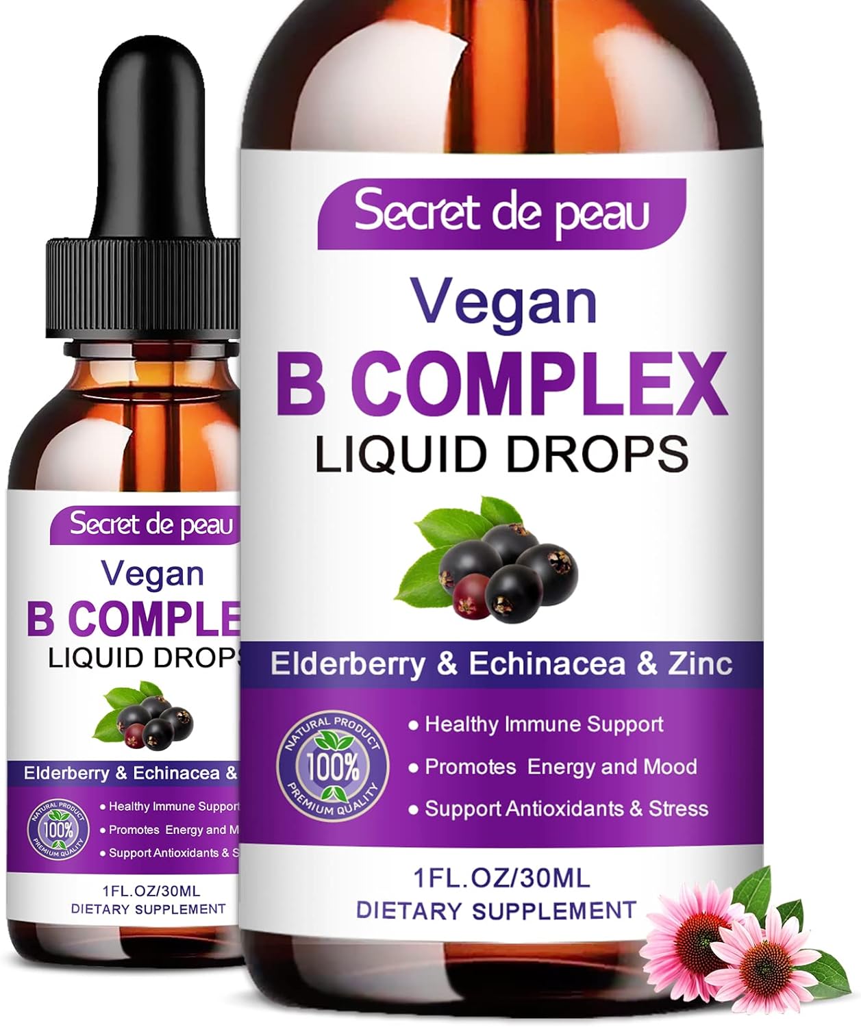 Vitamin B Complex Liquid - B Complex Liquid Supplement W Methyl B12, Elderberry,Vitamin B3 B6 B7 B9 Zinc & Ec For Men, Women & Kids Help Faster Absorption & Hair Skin Nails Energy,Berry Flavor 1Fl Oz