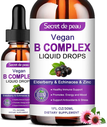 Vitamin B Complex Liquid - B Complex Liquid Supplement W Methyl B12, Elderberry,Vitamin B3 B6 B7 B9 Zinc & Ec For Men, Women & Kids Help Faster Absorption & Hair Skin Nails Energy,Berry Flavor 1Fl Oz