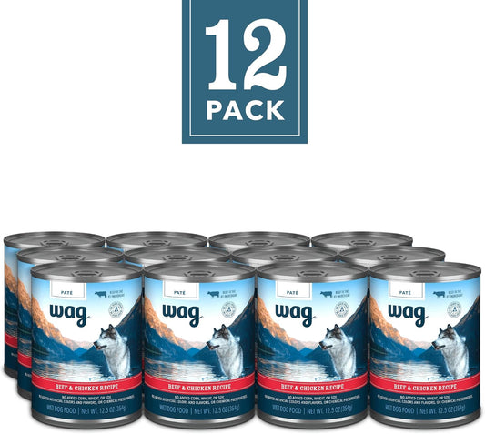 Amazon Brand - Wag Pate Canned Dog Food, Beef & Chicken Recipe, 12.5 Oz Can (Pack Of 12)