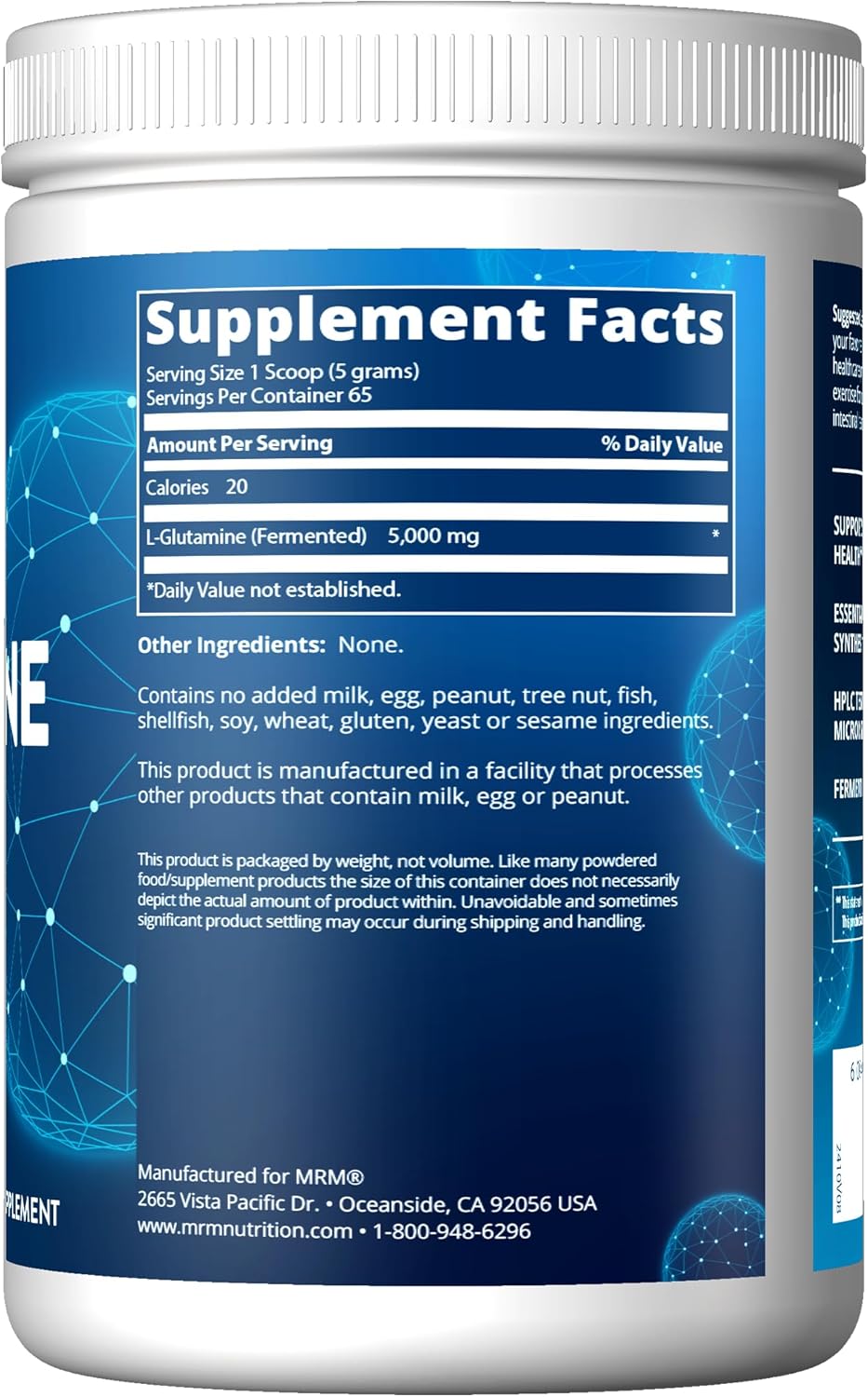 Mrm Nutrition L-Glutamine | 5000Mg | Recovery | Amino Acid | Muscle Support | Immune + Gut Health | Fermented | 65 Servings