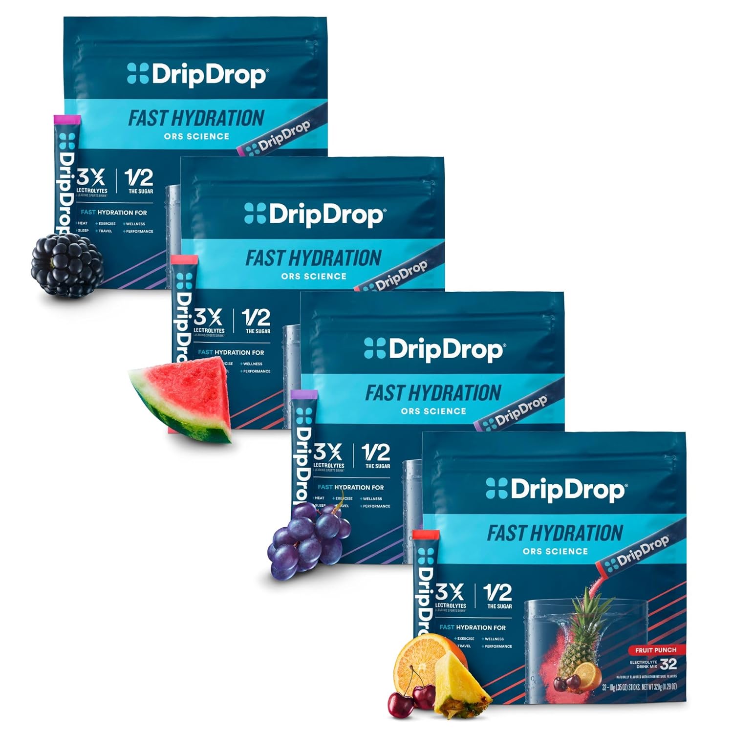 Dripdrop Hydration - Electrolyte Powder Packets - Watermelon, Berry, Fruit Punch, Grape - 128 Count