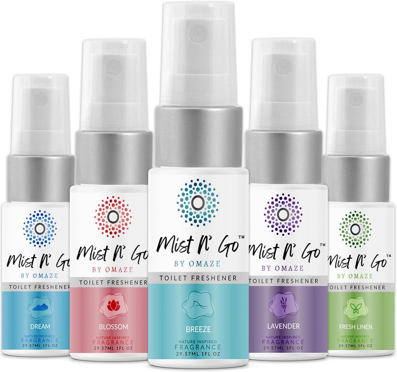 Mist N' Go by OMAZE Pack of 5 Toilet Spray for Poop - Bathroom Spray Odor Eliminator Use Before You Sit On Toilet - Bathroom Poop Spray For Toilet Use For Travelling - Mix All Travel Pack (1oz x5)