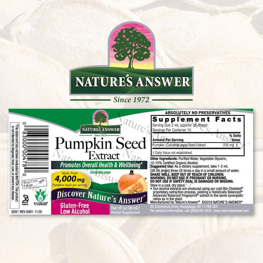 Nature's Answer Pumpkin Seed with Organic Alcohol 4000mg 1 Extract | Packed with Omega 3 | Promotes Hair Growth | Urinary Tract Support | Prostate & Bladder Function | Single Count