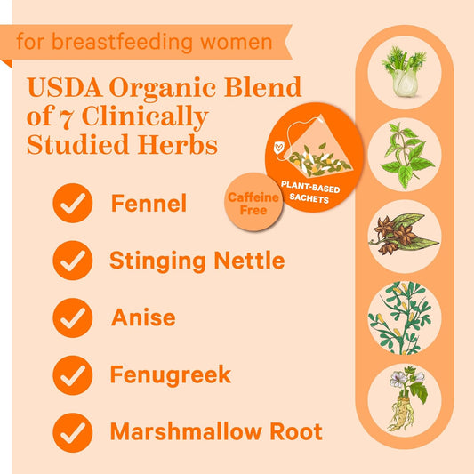 Pink Stork Organic Lactation Support Tea for Breast Milk Supply - Fenugreek, Milk Thistle, Fennel - Breastfeeding Essentials, Caffeine-Free - 15 Sachets, Smooth Vanilla