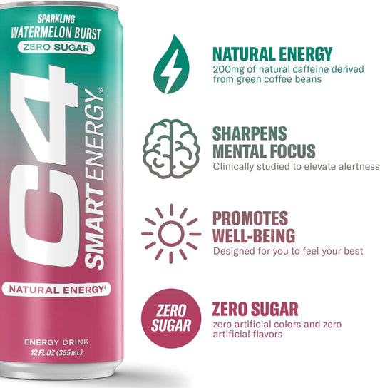 C4 Smart Energy Drink – Boost Focus And Energy With Zero Sugar, Natural Energy, And Nootropics - 200Mg Caffeine - Watermelon Burst (12Oz Pack Of 12)