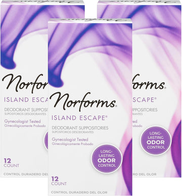 Norforms Feminine Deodorant Suppositories, Long Lasting Odor Control, Tropical Splash Scent, 12 Count Deodorant Suppositories in Each Box (Pack of 3)