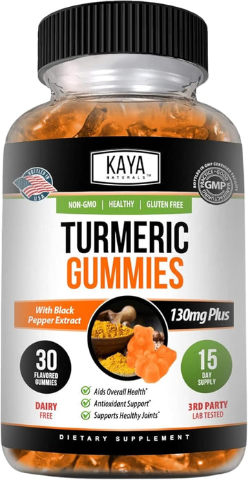 Kaya Naturals Turmeric Supplements Gummies | Pure Nature Turmeric Curcumin |Turmeric Ginger Gummies - 30 Count, Joint Support Gummy | Turmeric With Black Pepper Extract