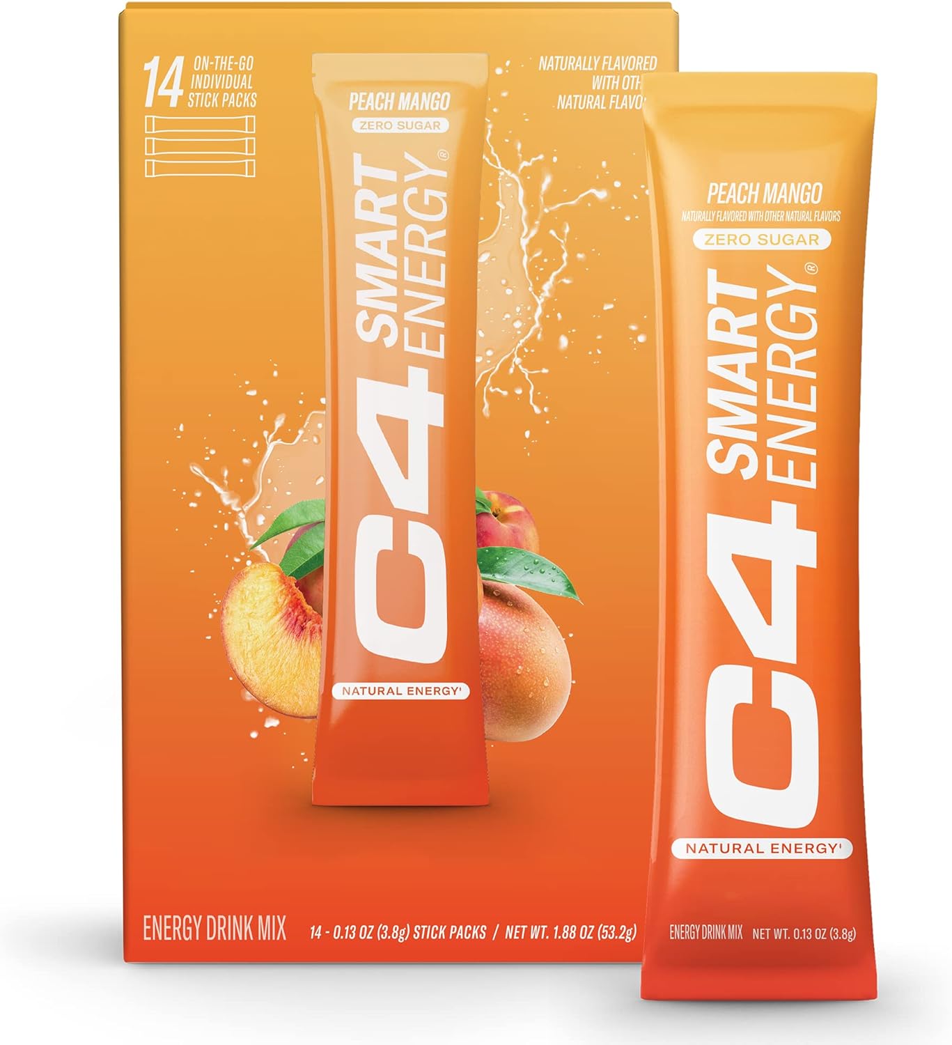C4 Smart Energy Powder Stick Packs - Sugar Free Performance Fuel & Nootropic Brain Booster, Coffee Substitute Or Alternative | Peach Mango - 14 Count