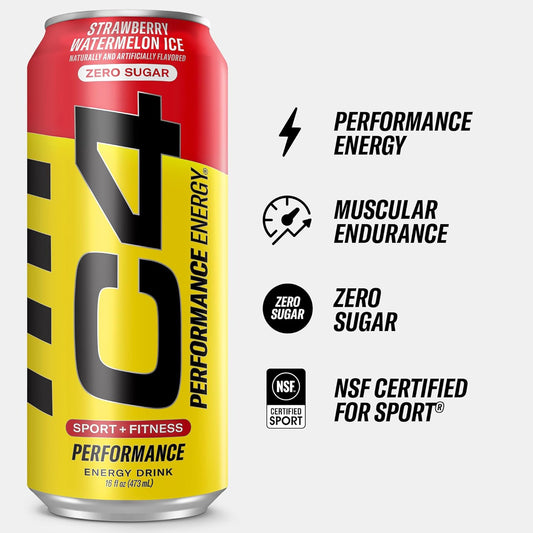 C4 Energy Drink 16Oz (Pack Of 12) - Strawberry Watermelon Ice - Sugar Free Pre Workout Performance Drink With No Artificial Colors Or Dyes