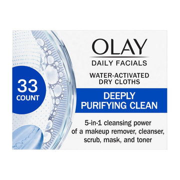 Olay Daily Facials, Deeply Purifying Clean, 5-In-1 Cleansing Wipes With Power Of A Makeup Remover, Scrub, Toner, Mask And Cleanser, 33 Count