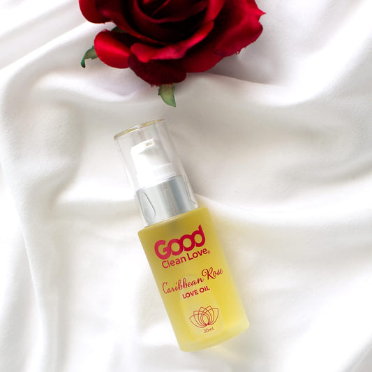 Good Clean Love Caribbean Rose Love Oil, 100% Natural Massage & Intimate Body Oil, Made With Pure Essential Oils, Exotic Sensual Rose Scent, Aphrodisiac Fragrances, Pump Spray, 30Ml