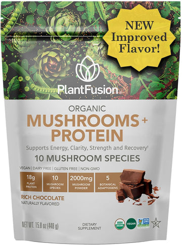 Plantfusion Mushroom Protein Powder - 3 in 1 Vegan Protein Powder, Mushroom Supplement, and Adaptogen Supplement - Support Mental Focus, Immunity, and Recovery - Chocolate 1lb