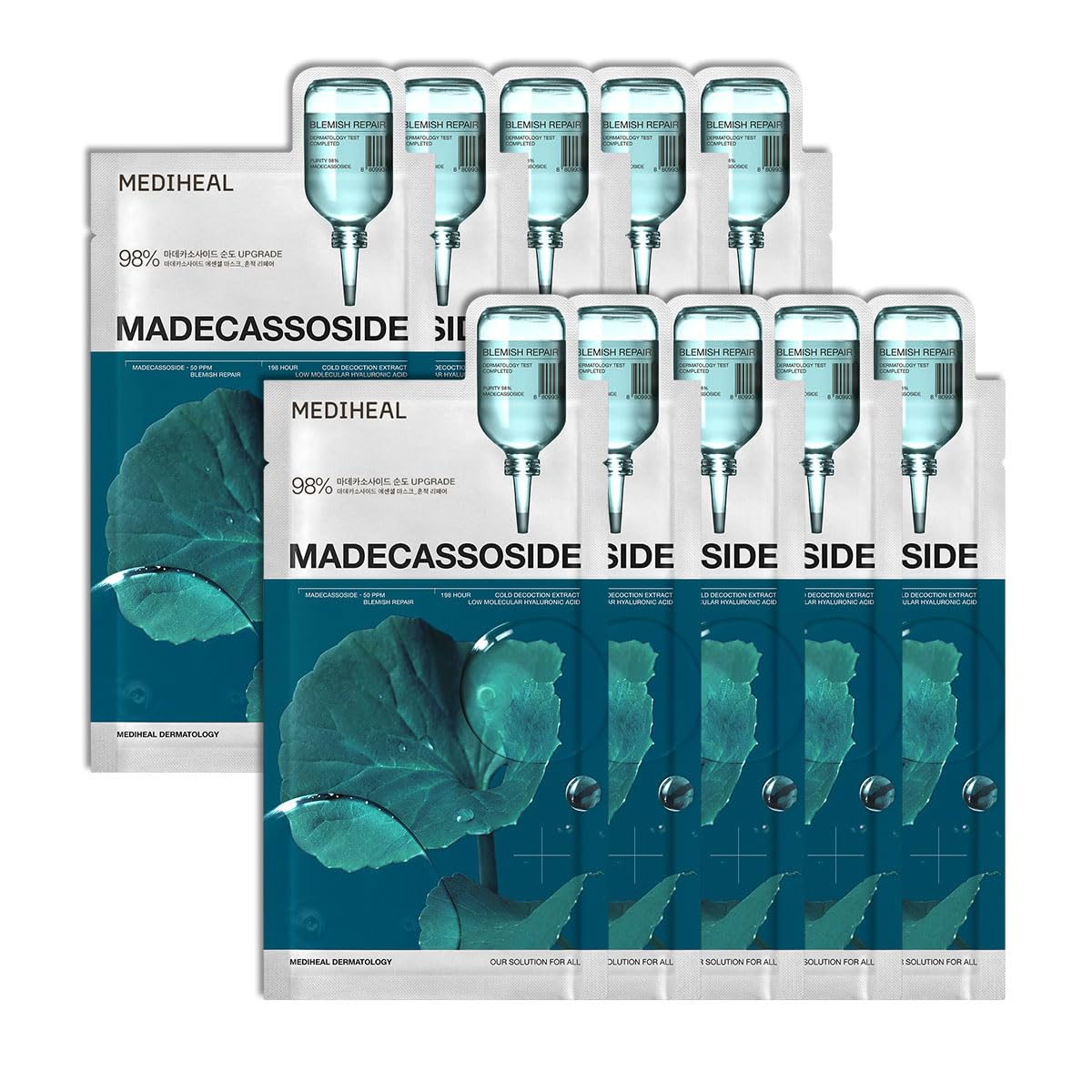 Mediheal Madecassoside Essential Sheet Mask Blemish Repair 10 Pcs. 98% Purity Madecassoside & Hyaluronic Acid Included. Enhancing Moisture Barrier & Skin Texture Care. Vegan Formula Sheet Mask