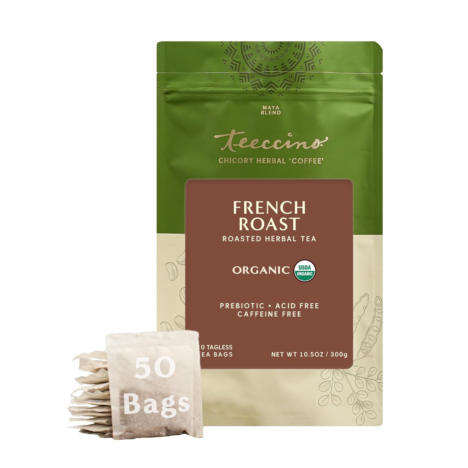 Teeccino French Roast Herbal Tea - Rich & Roasted Herbal Tea That’S Caffeine Free & Prebiotic For Natural Energy, Coffee Alternative, 50 Tagless Eco-Friendly Tea Bags