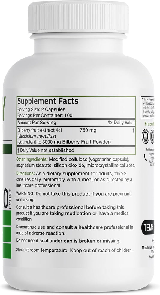 Bronson Bilberry Extra Strength Vaccinium Myrtillus, Promotes Eye Health And Supports Healthy Vision - Non Gmo, 200 Vegetarian Capsules
