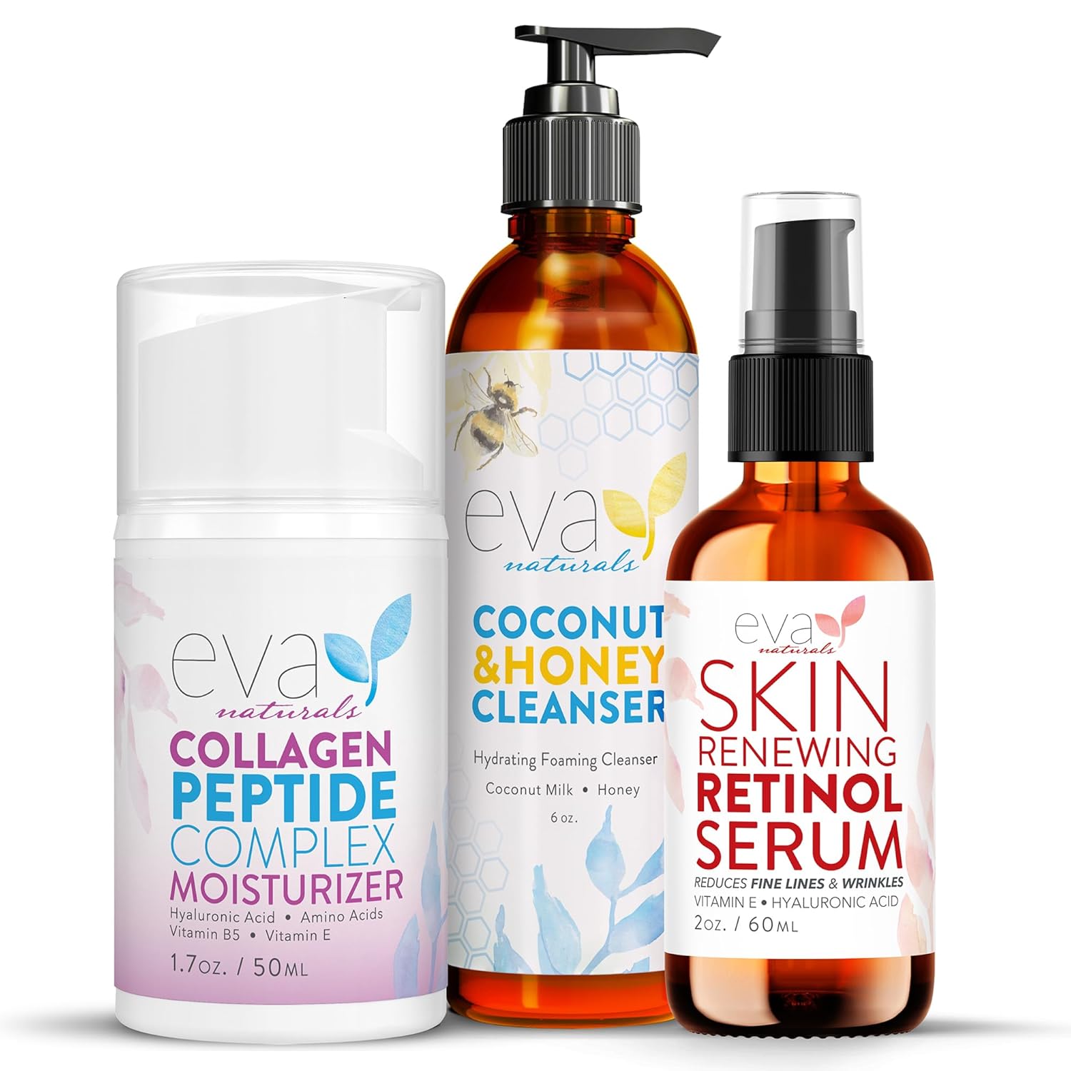 Retinol Serum, Collagen Peptide Moisturizer & Coconut And Honey Cleanser Bundle