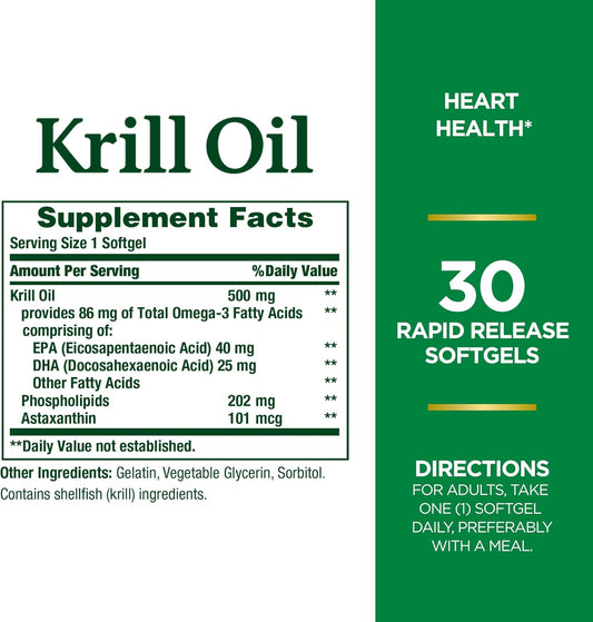 Nature'S Bounty Krill Oil, Heart Health, Dietary Supplement, 500Mg, Rapid Release Softgels, 30 Count