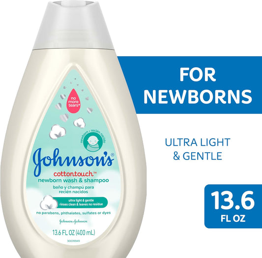 Johnson'S Cottontouch Newborn Baby Body Wash & Shampoo, Gentle & Tear-Free, Made With Real Cotton, Gently Washes Away Dirt & Germs, Sulfate- & Paraben-Free For Sensitive Skin, 13.6 Fl. Oz