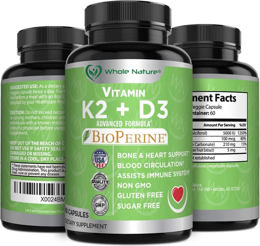 K2 D3 Vitamin Supplement with BioPerine - Vegan Calcium with Vitamins K and D - Advanced D3K2 VIT 5000 IU - 60 Vegan D3 Plus K2 MK-7 Complex Nutritional Capsules for Heart & Bone Health (1