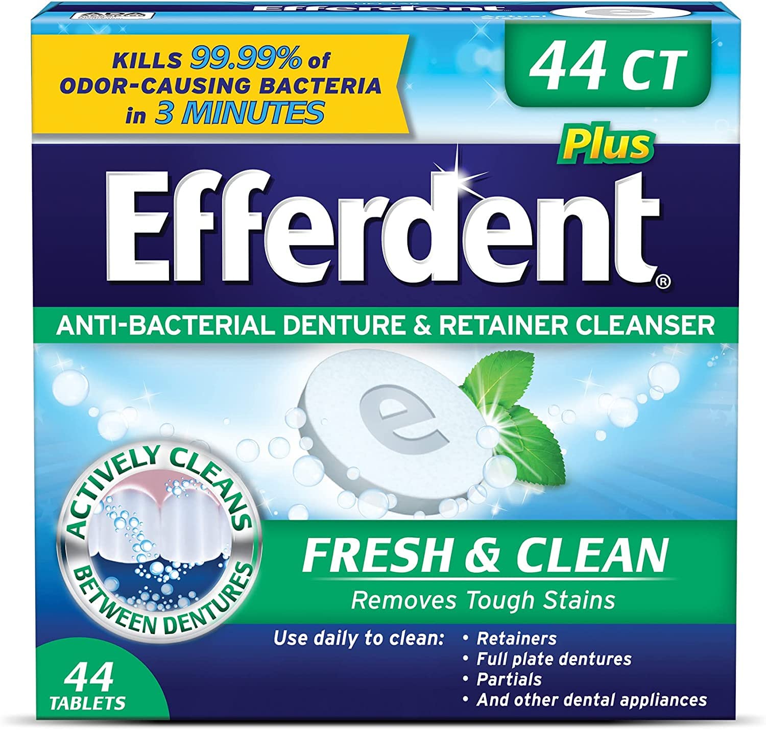 Efferdent Retainer Cleaning Tablets, Denture Cleaning Tablets for Dental Appliances, Minty Fresh & Clean, 44 Count, (Pack of 5)