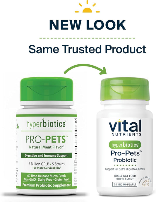 Vital Nutrients Pro Pets Probiotics For Dogs And Cats | Dog Probiotics For Digestive Health, Gut Health, Occasional Diarrhea* | Tasty Meat Flavor | Non-Gmo | Hyperbiotics | 60 Micro Tablets