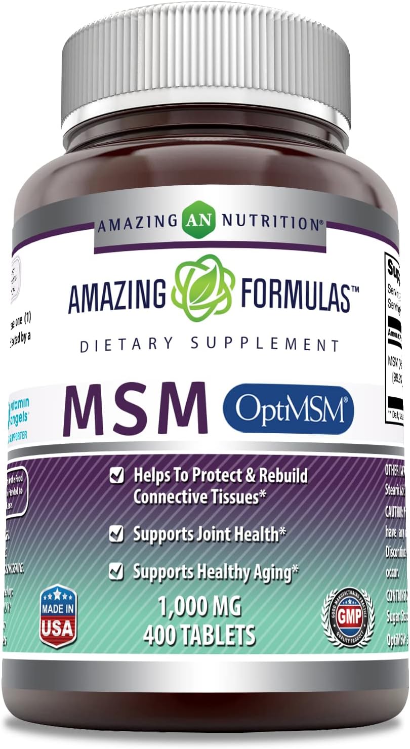 Amazing Formulas OptiMSM Tablets (Non-GMO,Gluten Free) Supports Connective Tissue, Healthy Aging & Joint Function, Skin Health (1000 mg, 400 Tablets)