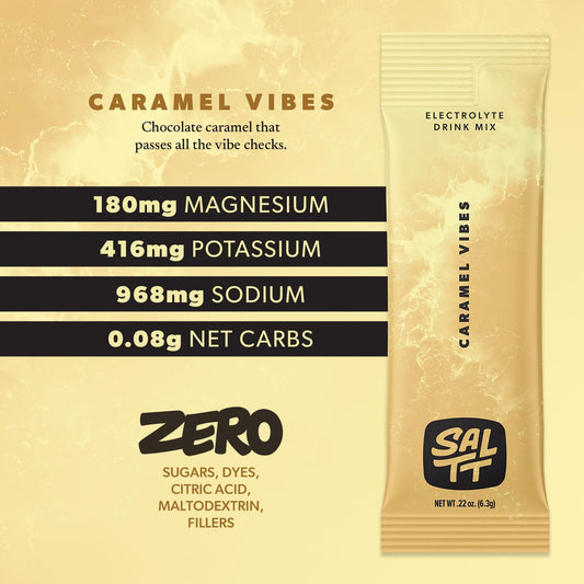 Keto Chow Saltt Electrolytes Powder Flavored Drink Mix - Caramel Vibes - 30 Hydration Packets - Magnesium, Potassium, Sodium, Trace Minerals - Zero Sugar & Gluten Free - Travel Essentials