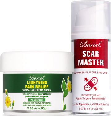 Ebanel Bundle of Pain Relief Cream Arnica Menthol 2 Oz, and Advanced Silicone Scar Gel 1 Oz