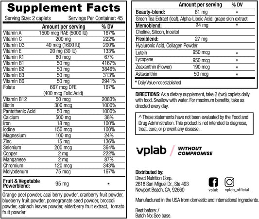 Vplab Ultra Women'S Multivitamin Formula - Supplement For Hair, Skin & Nails With Biotin, Iron, Vitamin B, D, C & Zinc, Folate - Essential Daily Vitamins For Women'S Health & Wellness, 90 Caplets