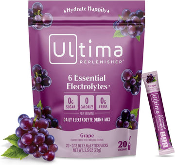 Ultima Replenisher Daily Electrolyte Drink Mix – Grape, 20 Stickpacks – Hydration Packets With 6 Key Electrolytes & Trace Minerals – Keto Friendly, Vegan, Non- Gmo & Sugar-Free Electrolyte Powder